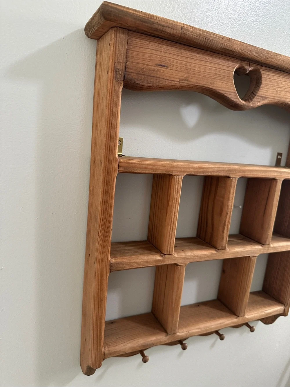 Vintage Pine Wood Shadow Box Display Shelf Heart Curio With 4 Hooks Wall Hanging